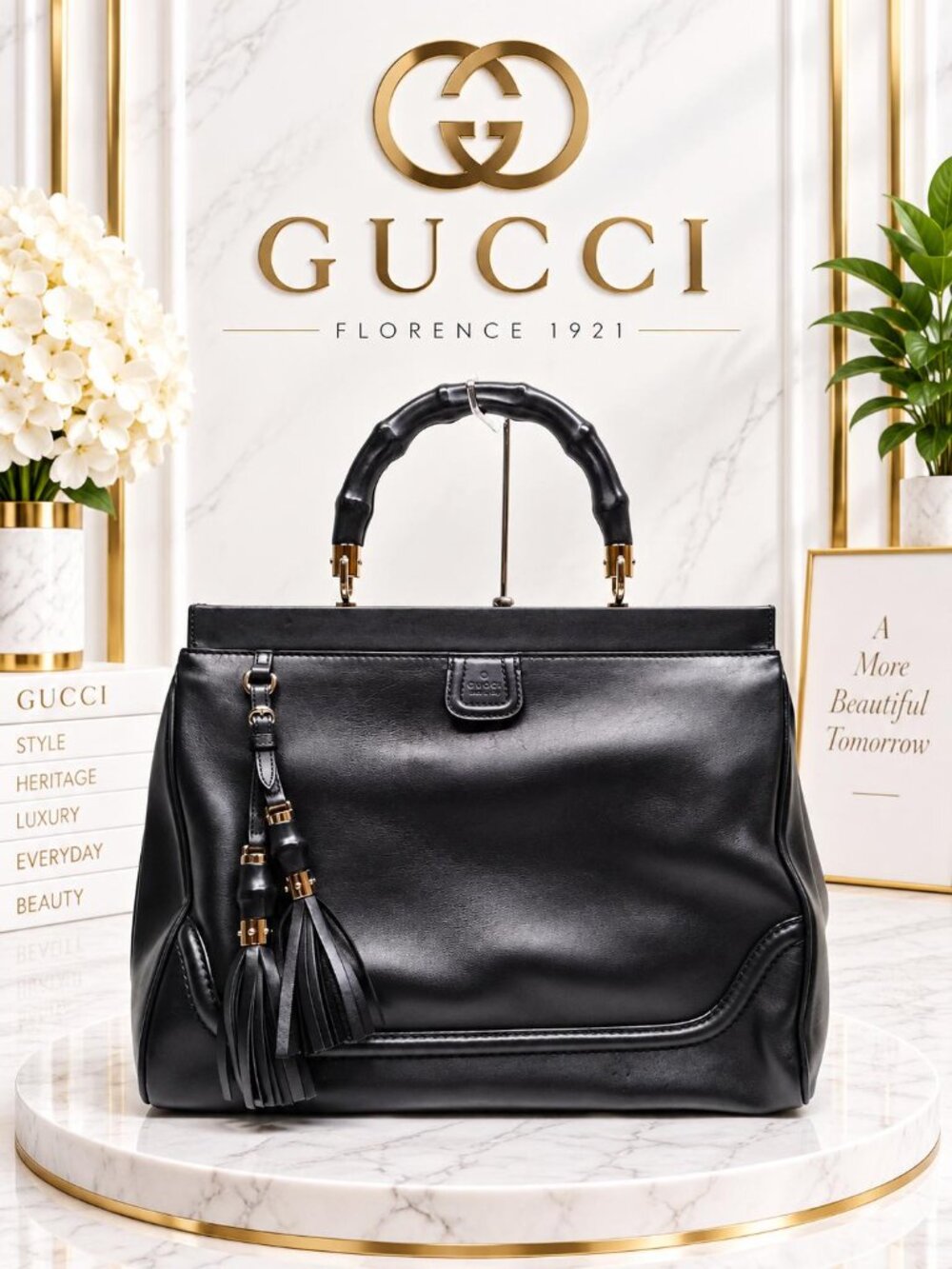 Authentic Gucci Black Leather Bamboo Handle Tassel Top Handle Satchel Bag
